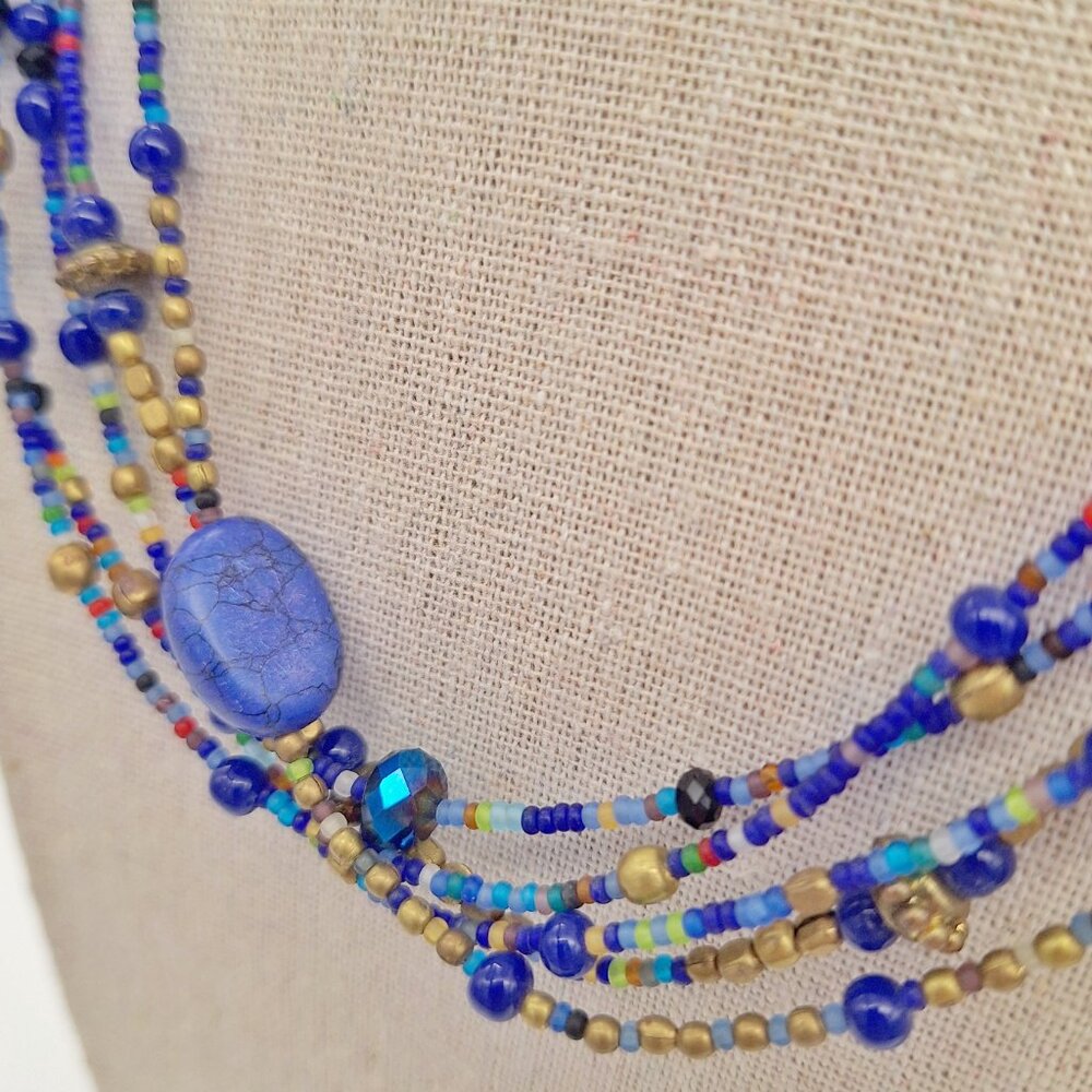 Multi Strand Blue Seed Bead Multicolor Necklace - Picture 6 of 11